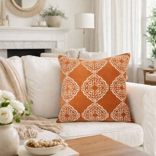Niva Square Throw Pillow | Damask Embroidery | Burnt Orange Velvet 20"
