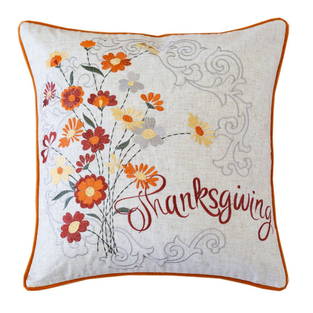 Niva Square Throw Pillow | Thanksgiving Embroidery | Orange Cotton-Blend 20"