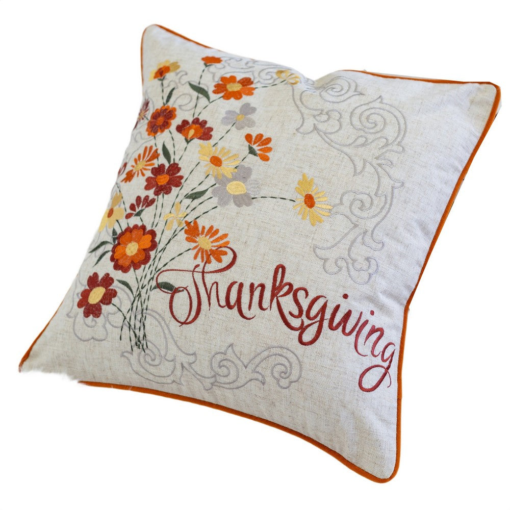 Niva Square Throw Pillow | Thanksgiving Embroidery | Orange Cotton-Blend 20"