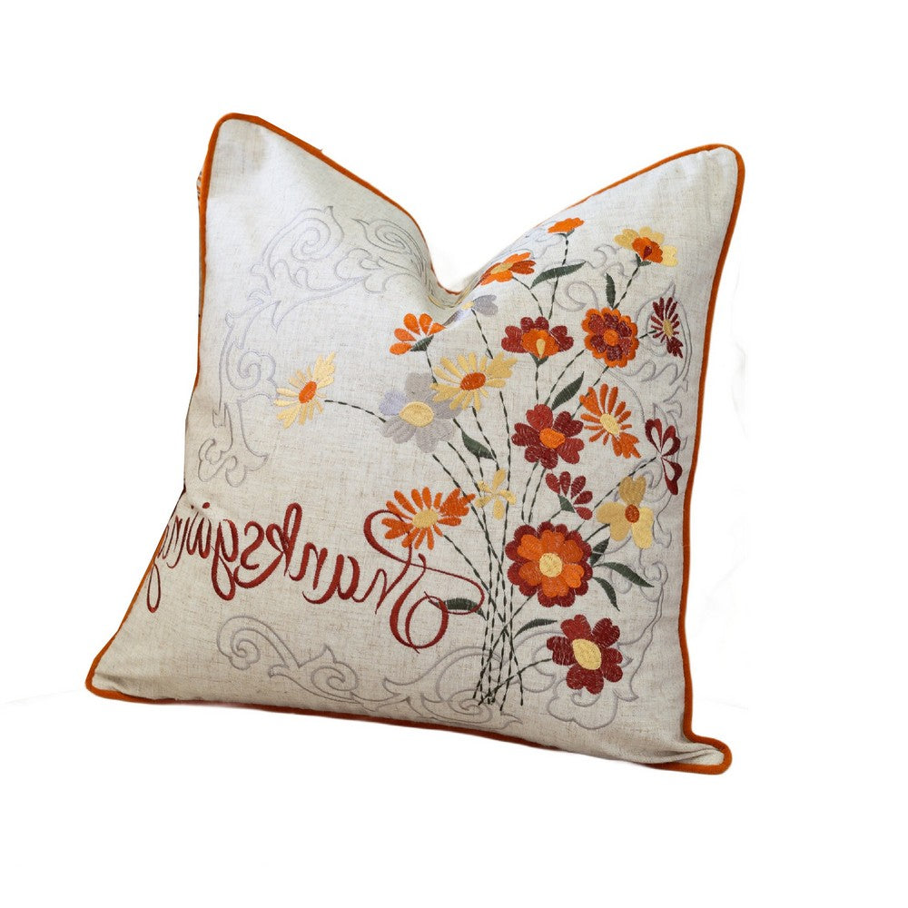 Niva Square Throw Pillow | Thanksgiving Embroidery | Orange Cotton-Blend 20"