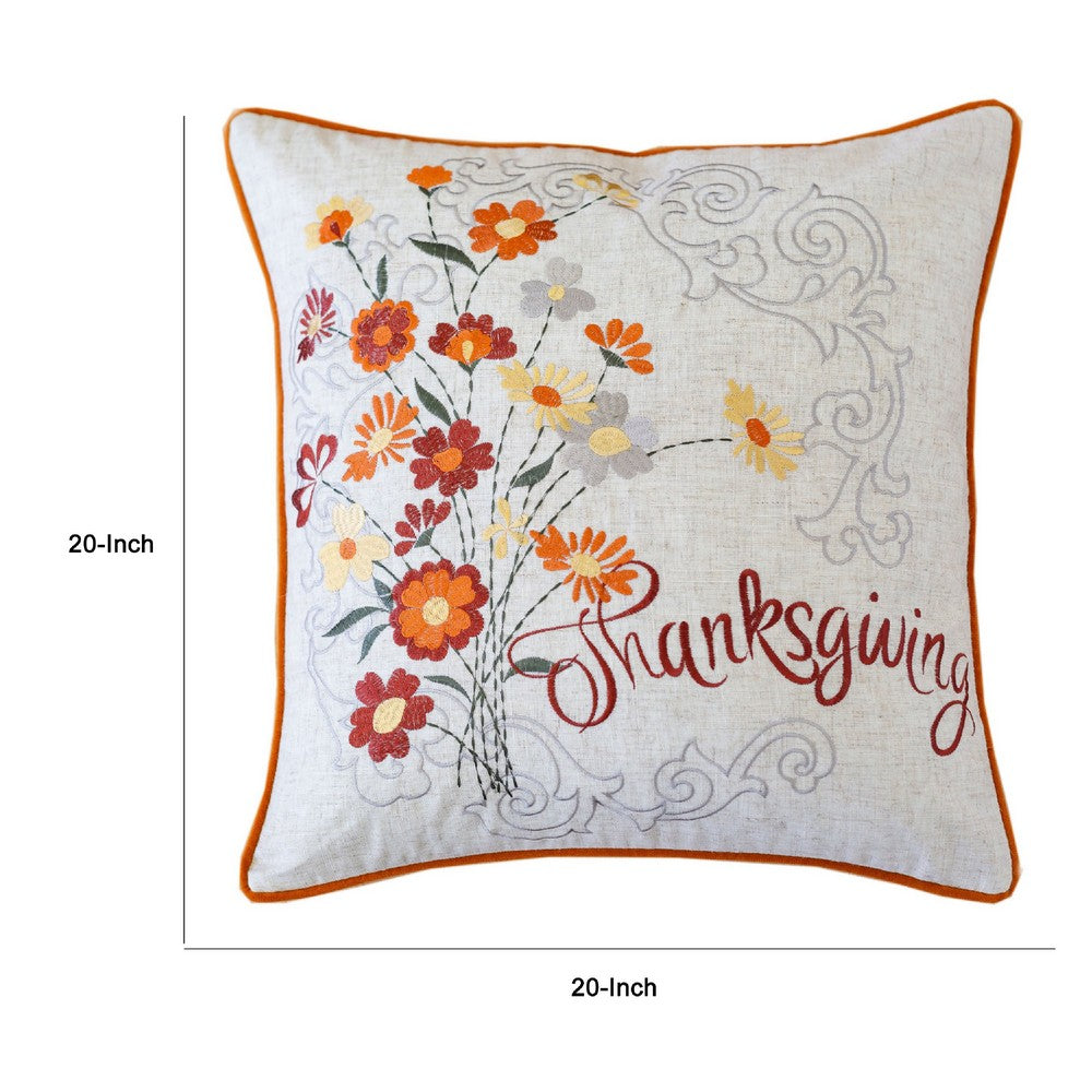 Niva Square Throw Pillow | Thanksgiving Embroidery | Orange Cotton-Blend 20"