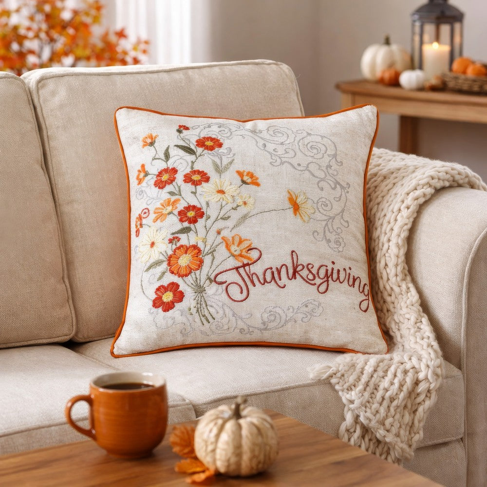 Niva Square Throw Pillow | Thanksgiving Embroidery | Orange Cotton-Blend 20"