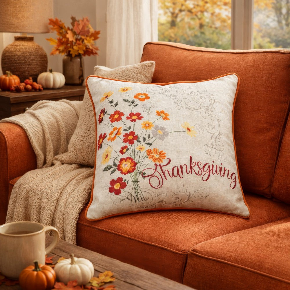 Niva Square Throw Pillow | Thanksgiving Embroidery | Orange Cotton-Blend 20"