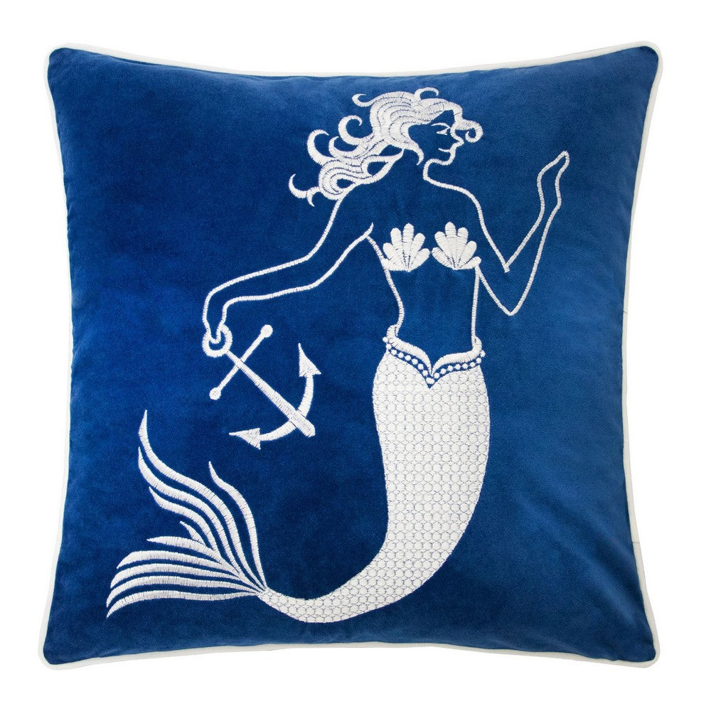 Niva Square Throw Pillow | Embroidered White Mermaid | Blue Velvet | 20"