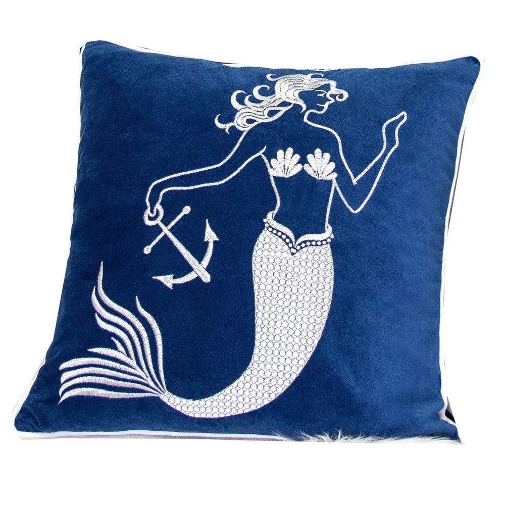 Niva Square Throw Pillow | Embroidered White Mermaid | Blue Velvet | 20"