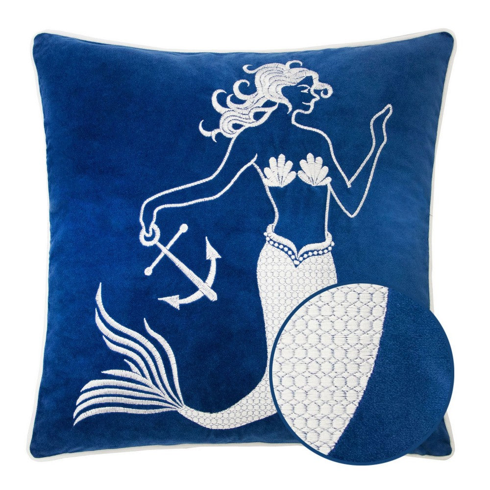Niva Square Throw Pillow | Embroidered White Mermaid | Blue Velvet | 20"