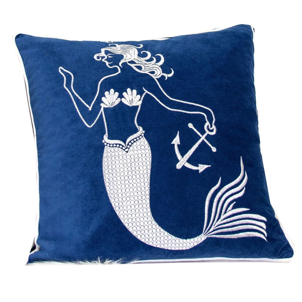 Niva Square Throw Pillow | Embroidered White Mermaid | Blue Velvet | 20"