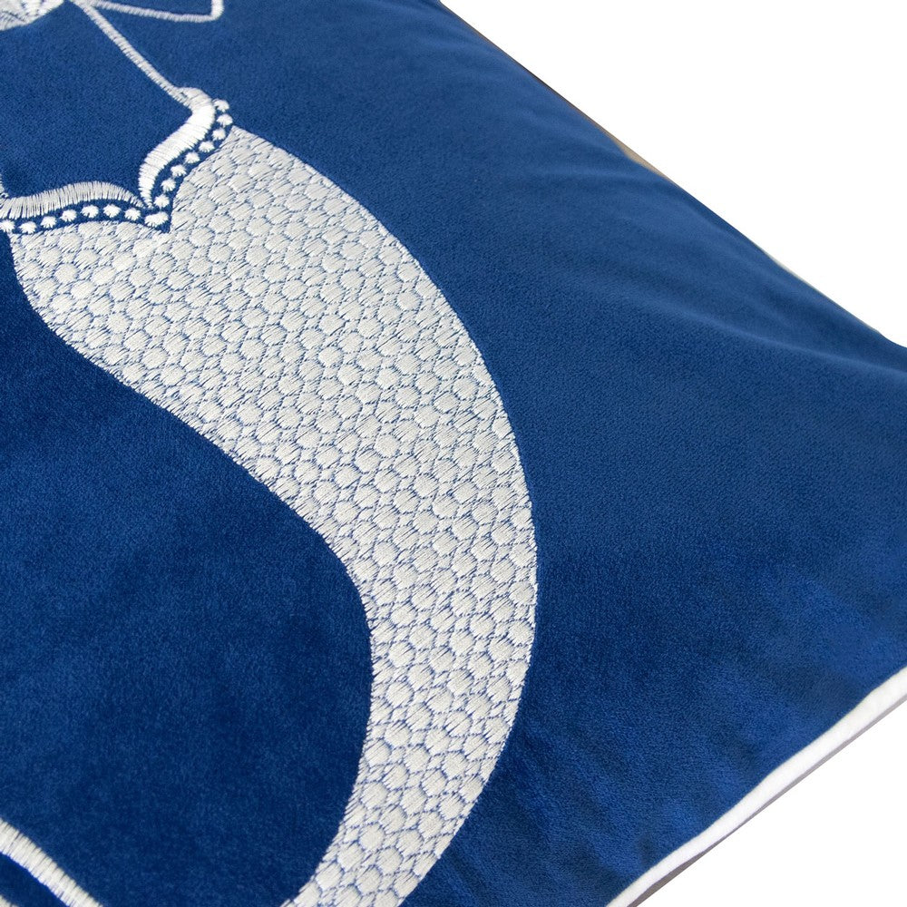 Niva Square Throw Pillow | Embroidered White Mermaid | Blue Velvet | 20"