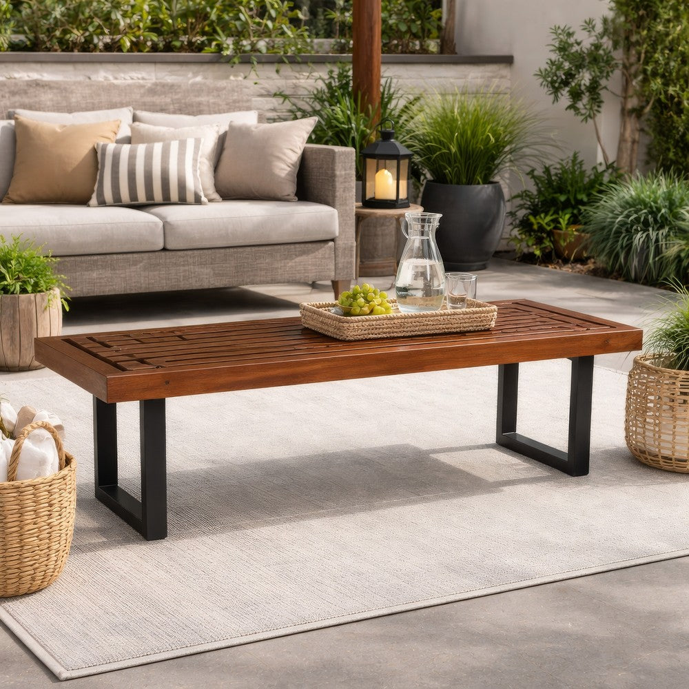 Cior Outdoor Dining Bench | 62" Slatted Brown Acacia Wood | Sled Base