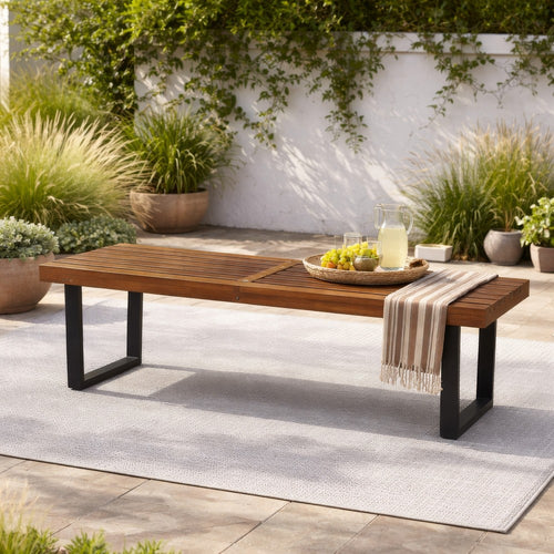 Cior Outdoor Dining Bench | 62" Slatted Brown Acacia Wood | Sled Base