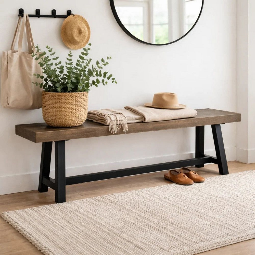 Outdoor Bench | 63" Sandblasted Gray Wood Seat | Black Metal Legs