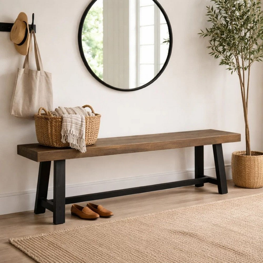 Outdoor Bench | 63" Sandblasted Gray Wood Seat | Black Metal Legs
