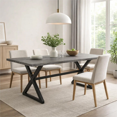 Outdoor Dining Table | 71" Gray Rectangular Top | Black Steel Legs