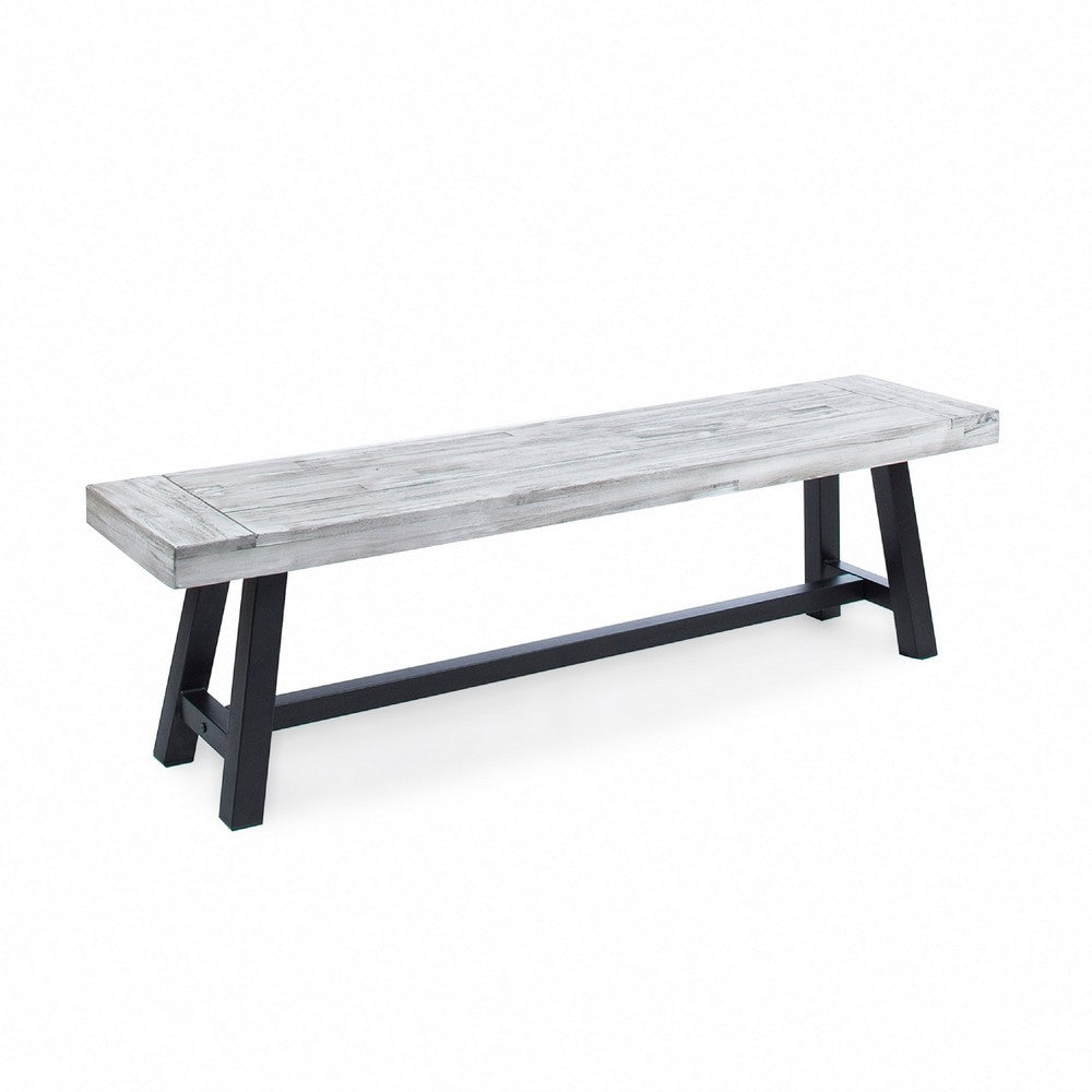 Outdoor Dining Bench | 63" Sandblasted Gray Slatted Seat | Black Legs
