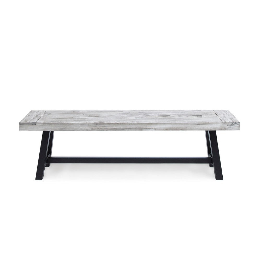 Outdoor Dining Bench | 63" Sandblasted Gray Slatted Seat | Black Legs
