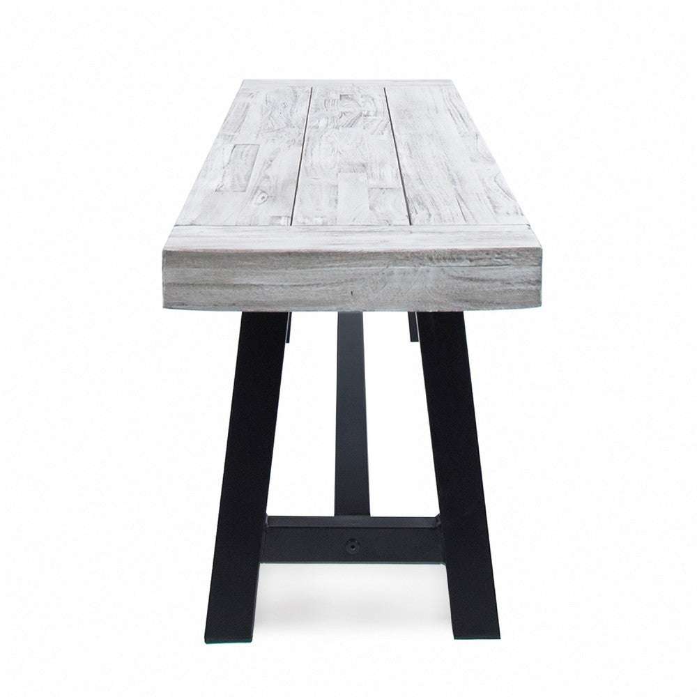 Outdoor Dining Bench | 63" Sandblasted Gray Slatted Seat | Black Legs