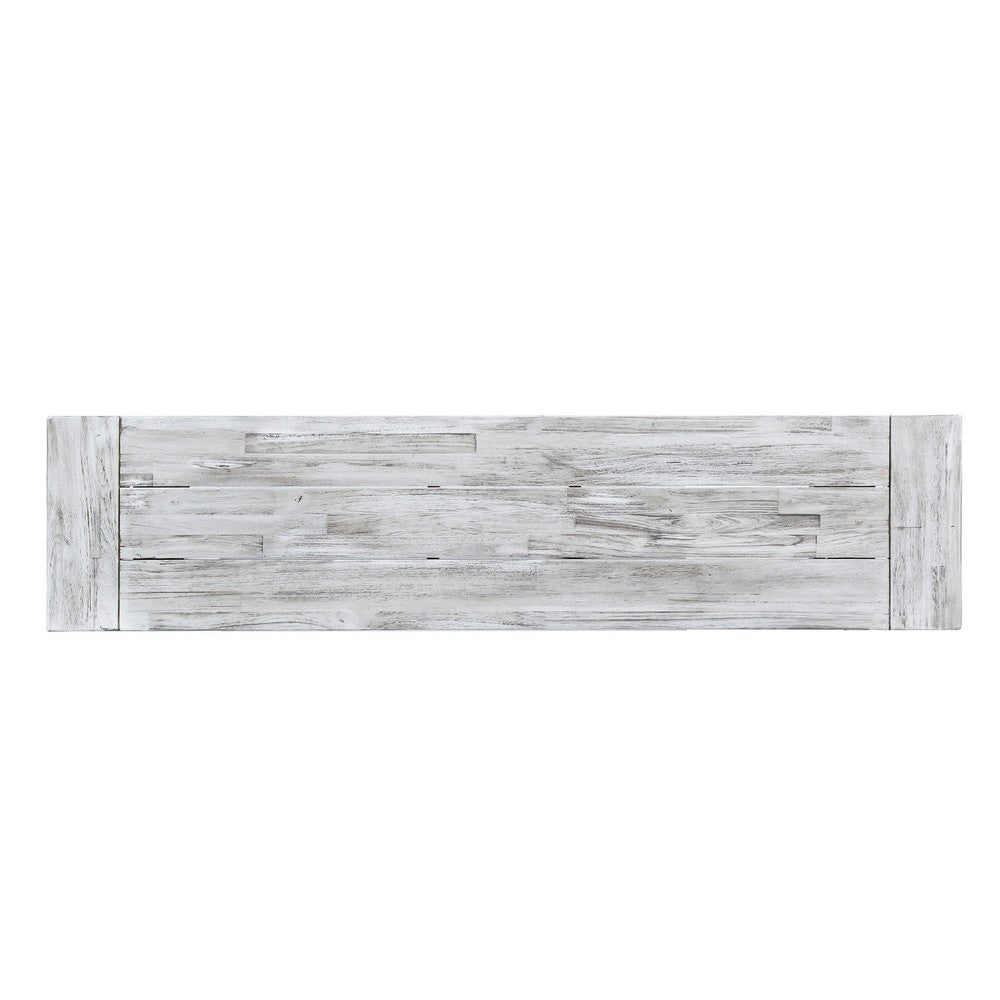 Outdoor Dining Bench | 63" Sandblasted Gray Slatted Seat | Black Legs