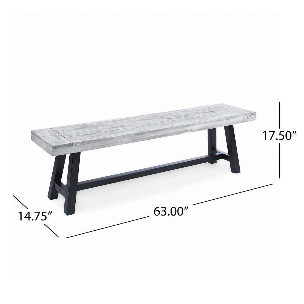 Outdoor Dining Bench | 63" Sandblasted Gray Slatted Seat | Black Legs