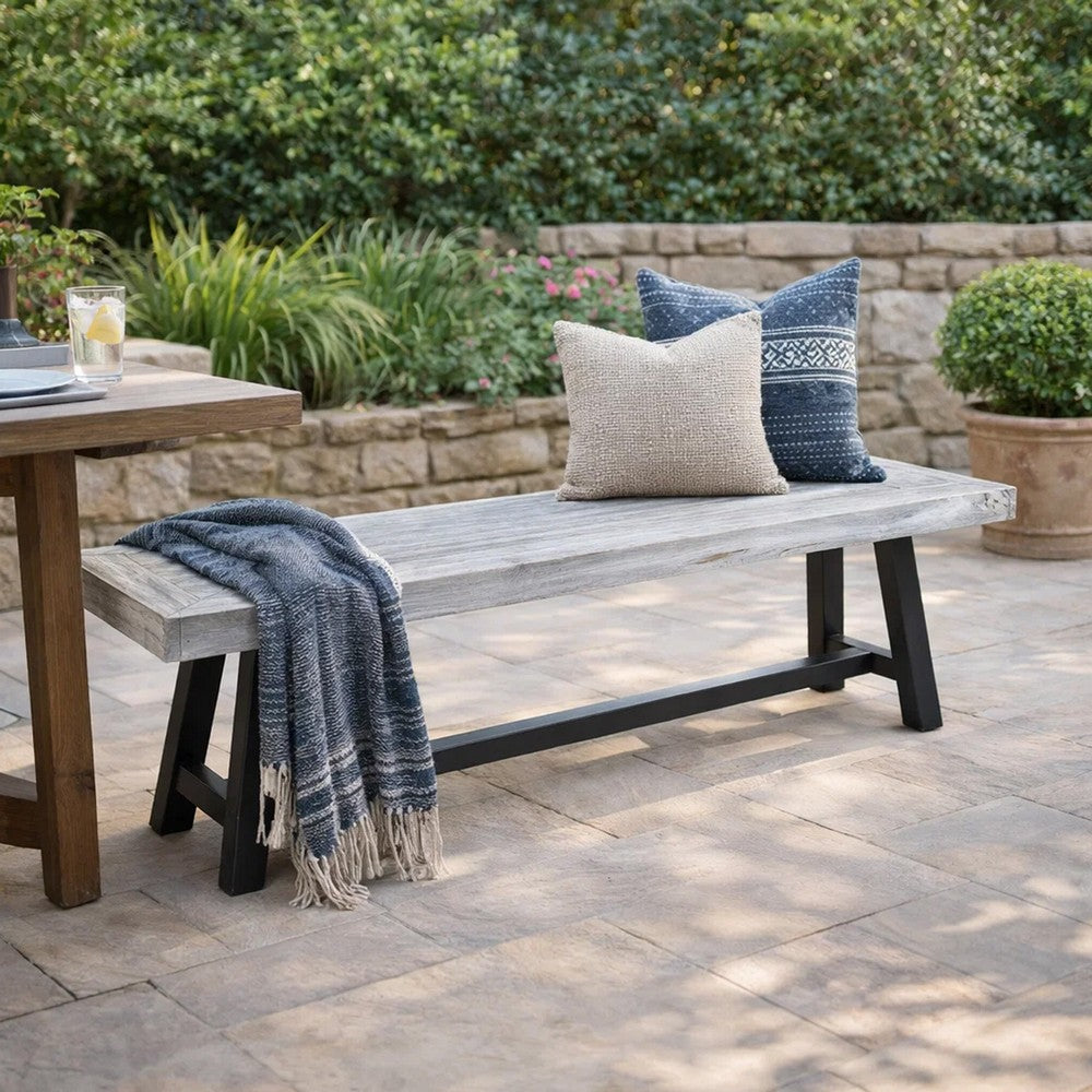 Outdoor Dining Bench | 63" Sandblasted Gray Slatted Seat | Black Legs