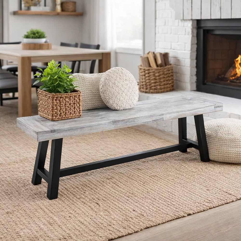 Outdoor Dining Bench | 63" Sandblasted Gray Slatted Seat | Black Legs