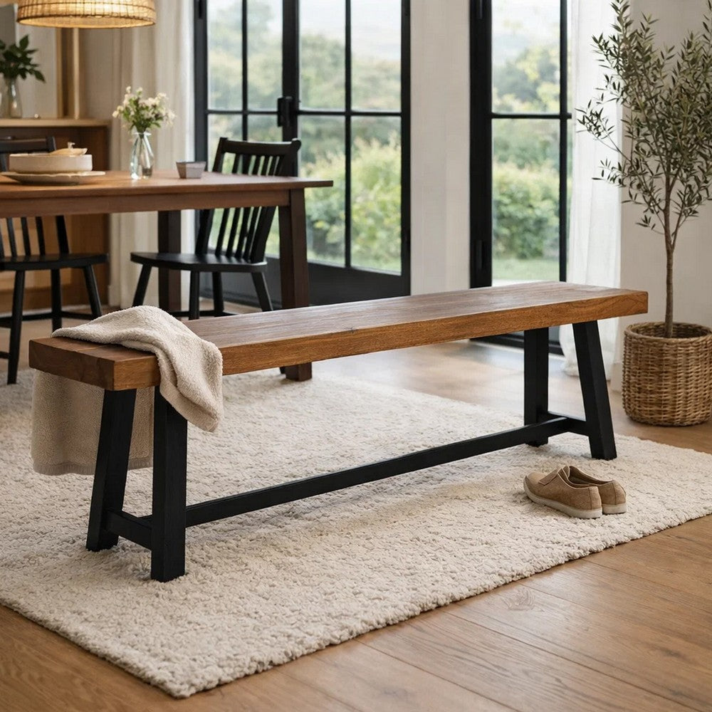 Outdoor Dining Accent Bench | 63" Teak Brown Seat | Black Bold Legs
