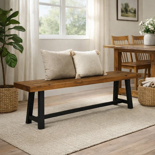 Outdoor Dining Accent Bench | 63" Teak Brown Seat | Black Bold Legs