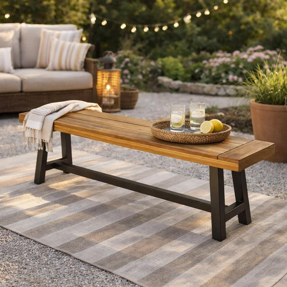 Outdoor Dining Bench | 63" Acacia Wood Seat with Black Metal Legs