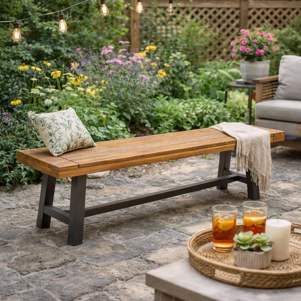 Outdoor Dining Bench | 63" Acacia Wood Seat with Black Metal Legs