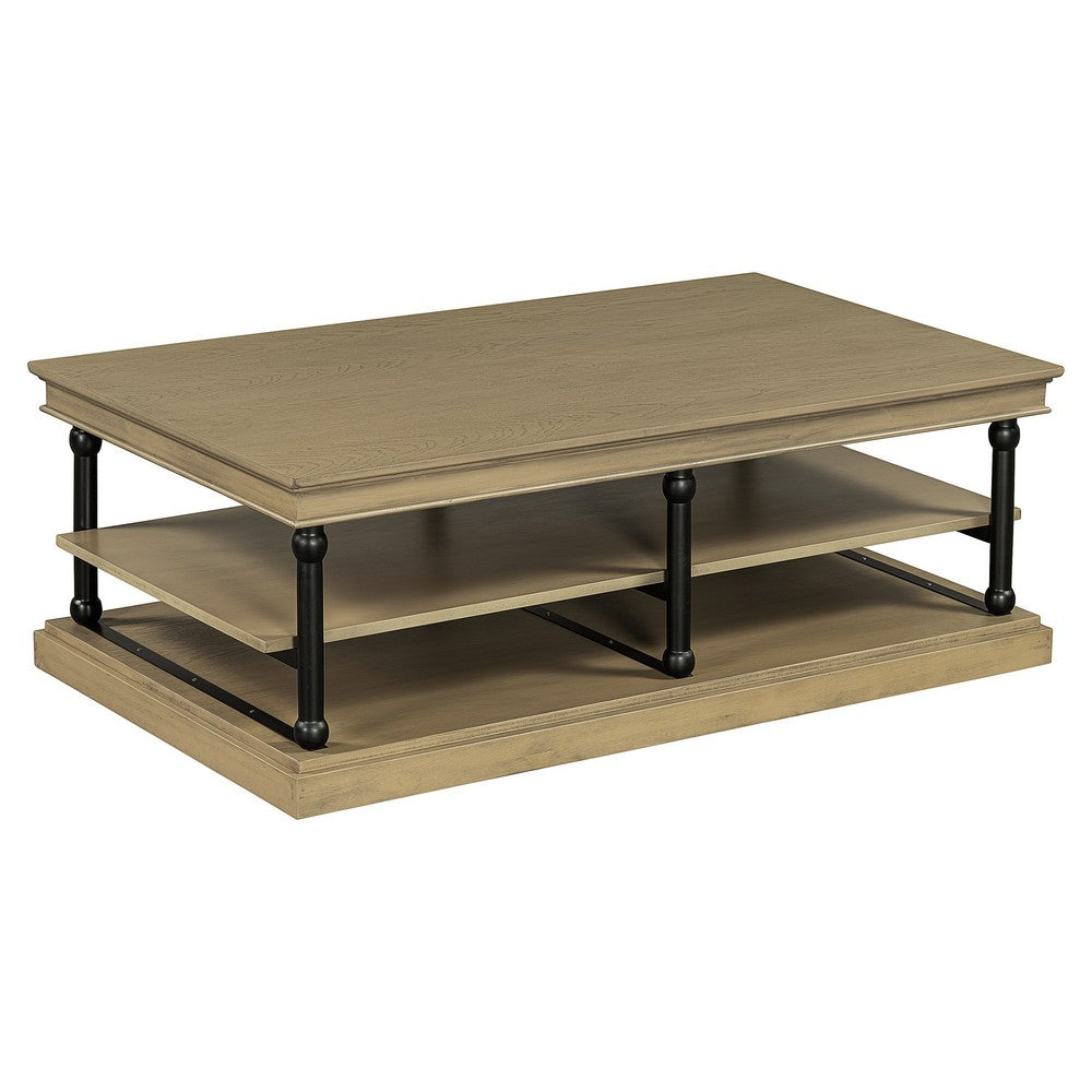 Bard Coffee Table | 55" Brown Veneer | 2 Tier Shelves | Black Metal Legs