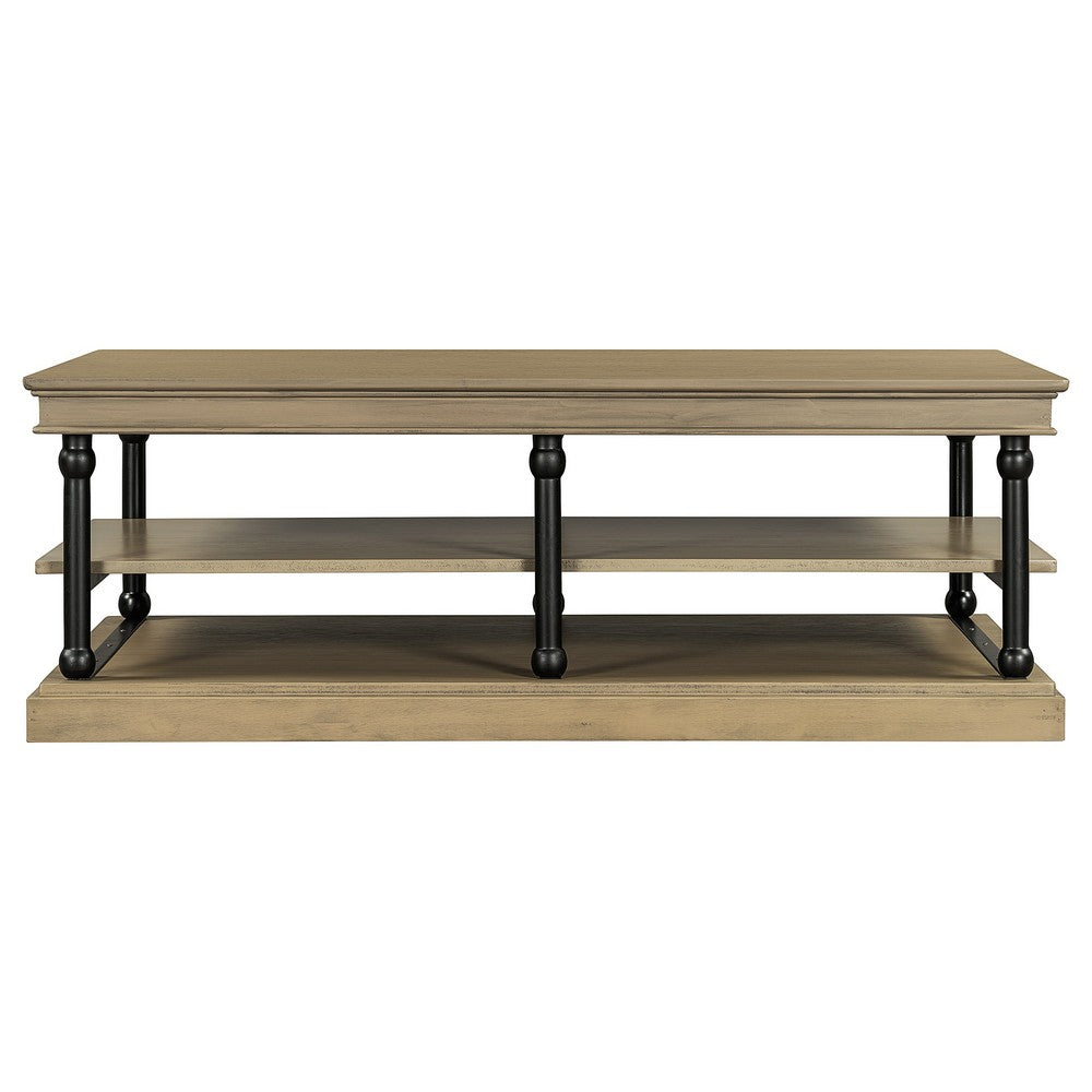 Bard Coffee Table | 55" Brown Veneer | 2 Tier Shelves | Black Metal Legs