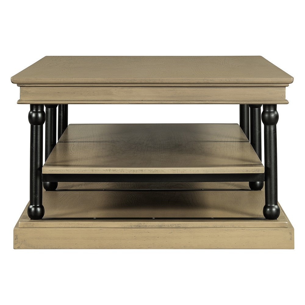 Bard Coffee Table | 55" Brown Veneer | 2 Tier Shelves | Black Metal Legs