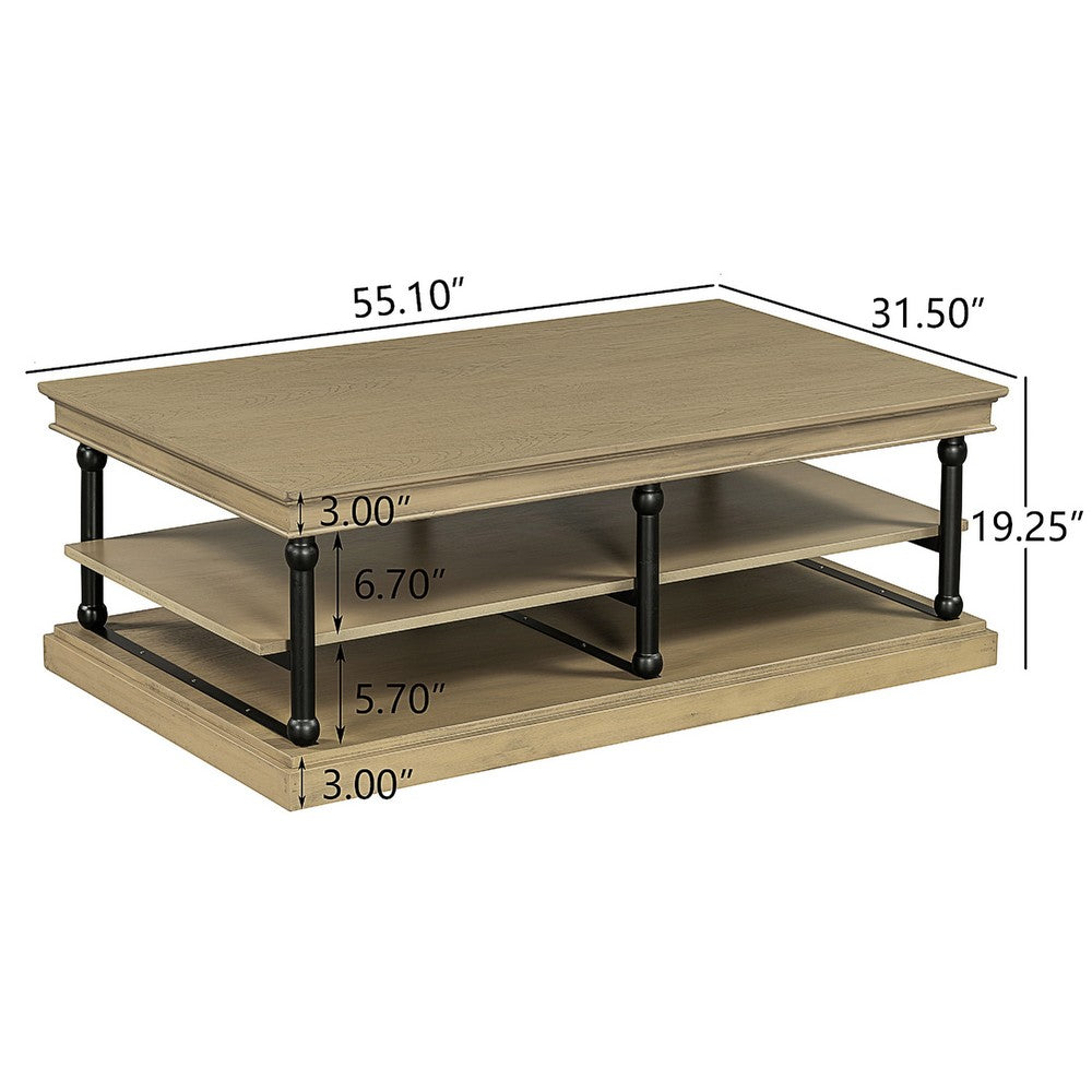 Bard Coffee Table | 55" Brown Veneer | 2 Tier Shelves | Black Metal Legs