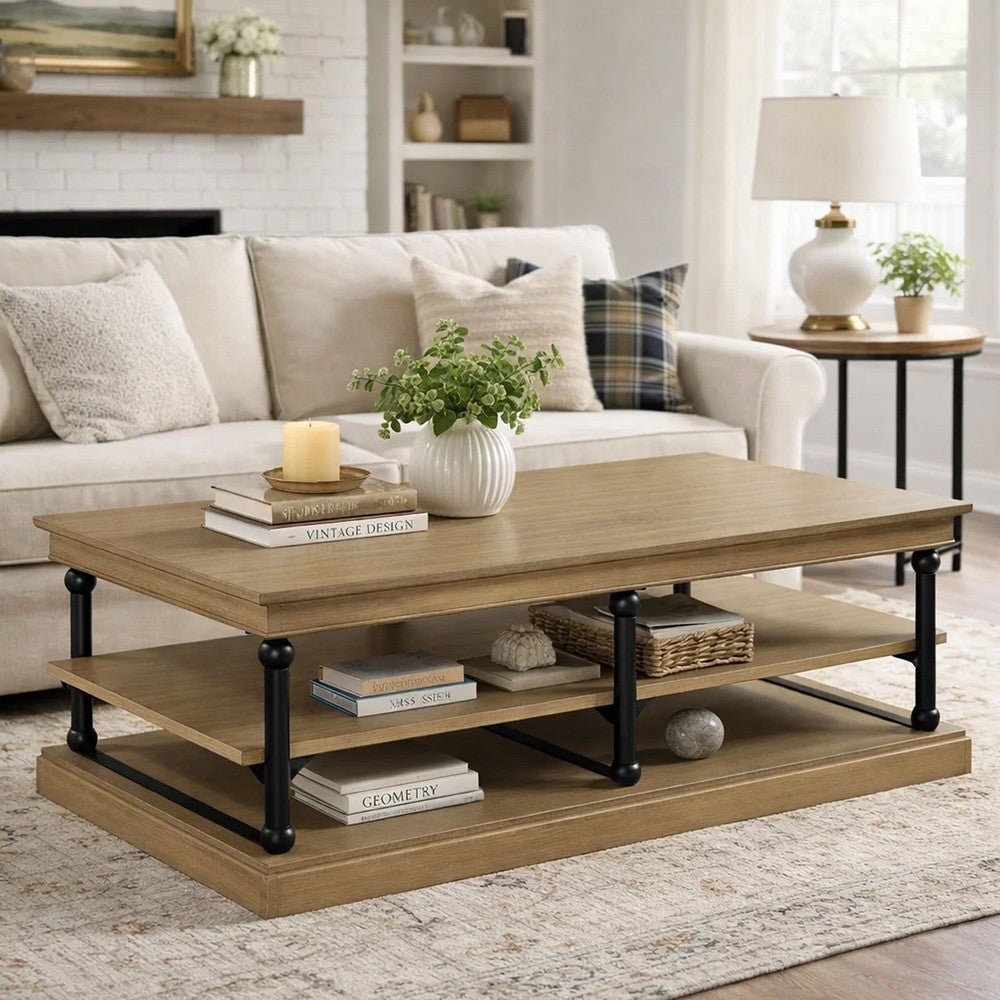 Bard Coffee Table | 55" Brown Veneer | 2 Tier Shelves | Black Metal Legs