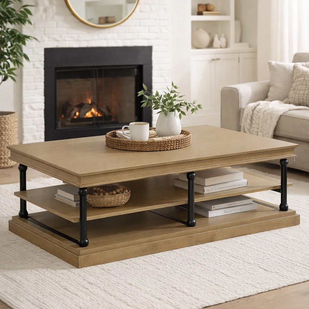 Bard Coffee Table | 55" Brown Veneer | 2 Tier Shelves | Black Metal Legs