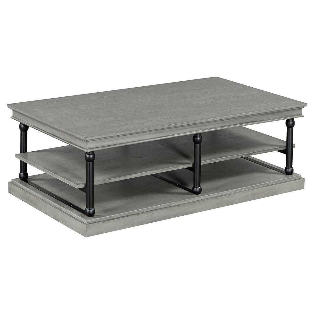 Bard Coffee Table | 55" Gray Veneer | 2 Tier Shelves | Black Metal Legs