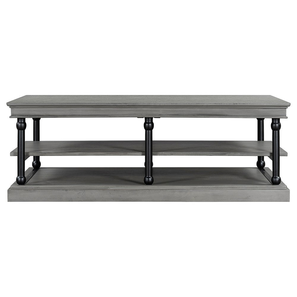 Bard Coffee Table | 55" Gray Veneer | 2 Tier Shelves | Black Metal Legs