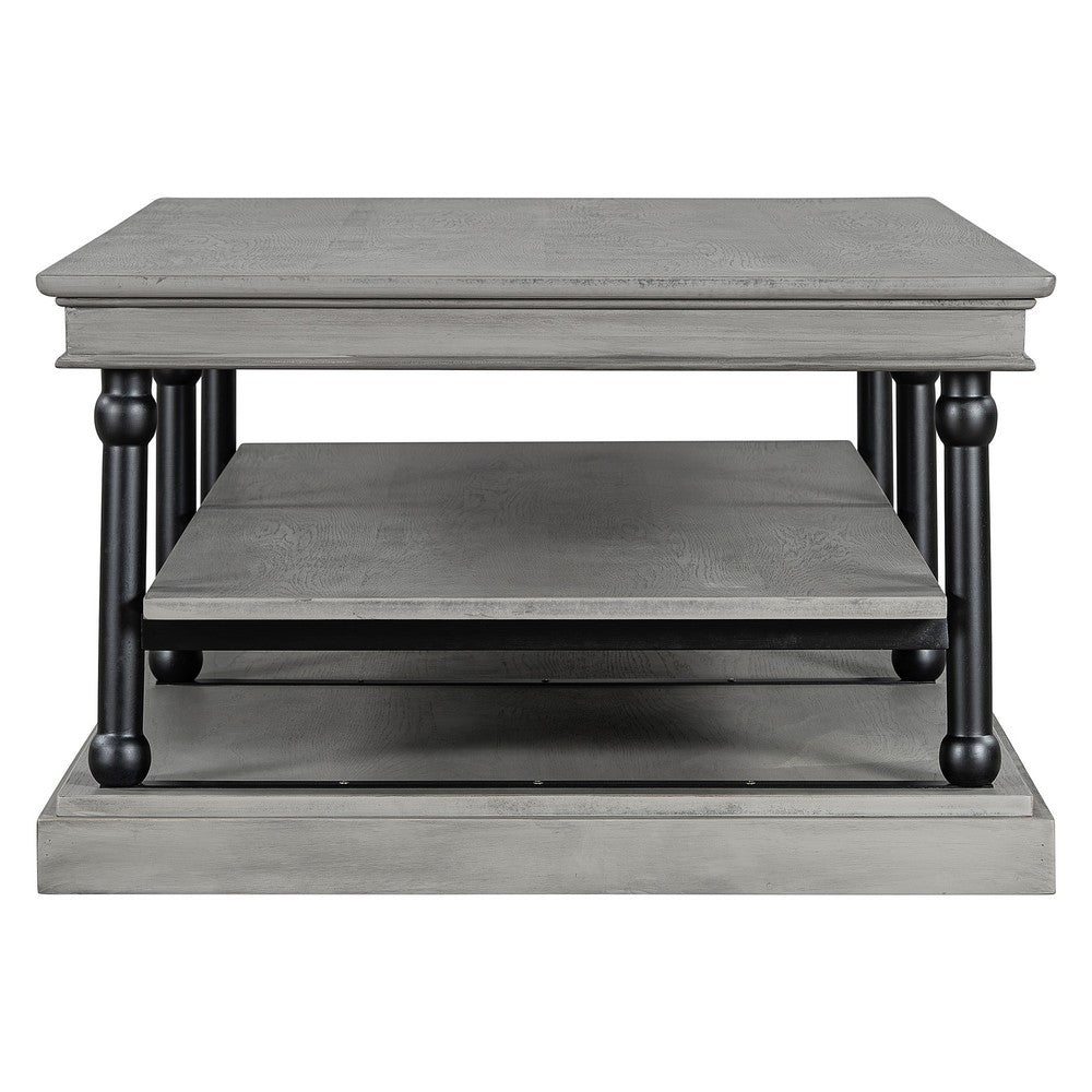 Bard Coffee Table | 55" Gray Veneer | 2 Tier Shelves | Black Metal Legs