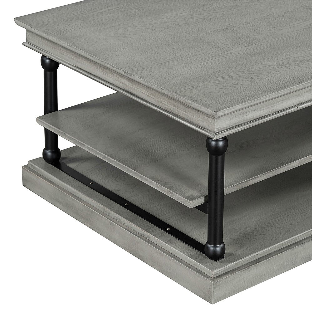 Bard Coffee Table | 55" Gray Veneer | 2 Tier Shelves | Black Metal Legs
