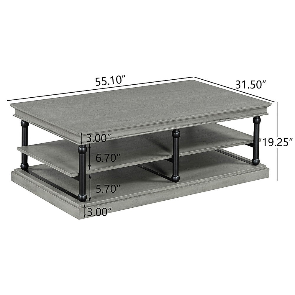 Bard Coffee Table | 55" Gray Veneer | 2 Tier Shelves | Black Metal Legs
