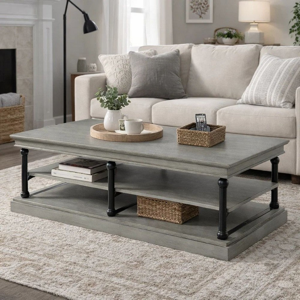 Bard Coffee Table | 55" Gray Veneer | 2 Tier Shelves | Black Metal Legs