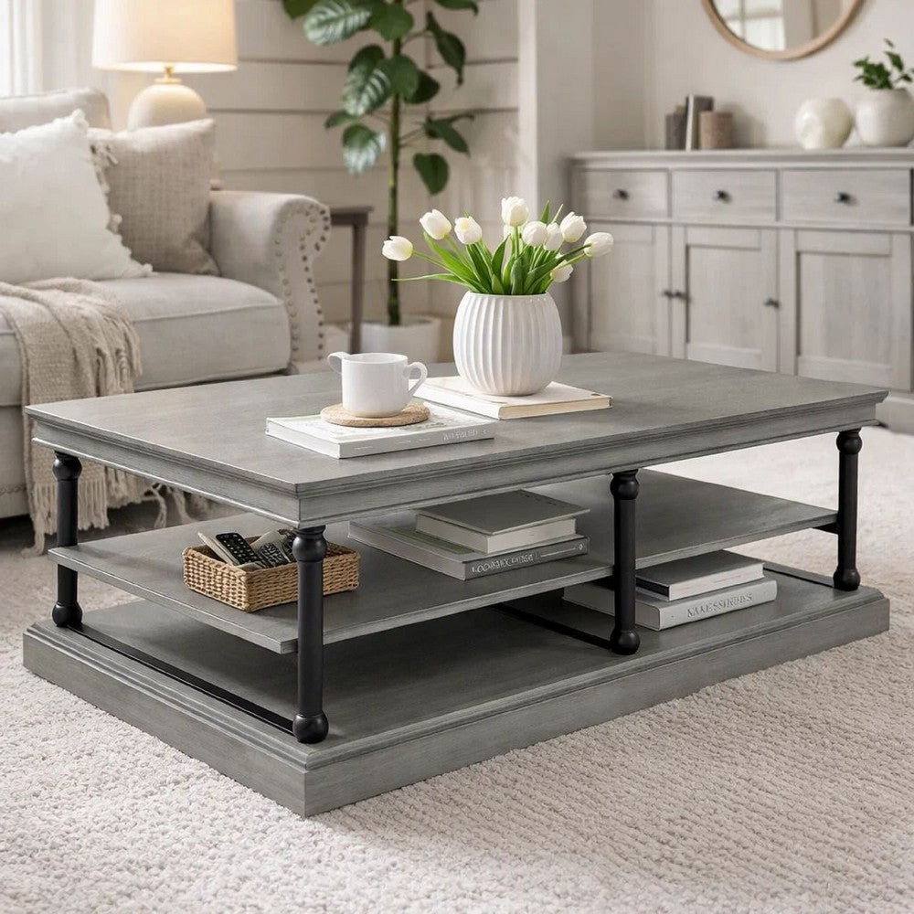 Bard Coffee Table | 55" Gray Veneer | 2 Tier Shelves | Black Metal Legs
