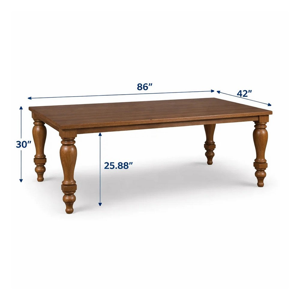 Gela Dining Table | 86" Rectangular Top | Medium Brown Wood Turned Legs