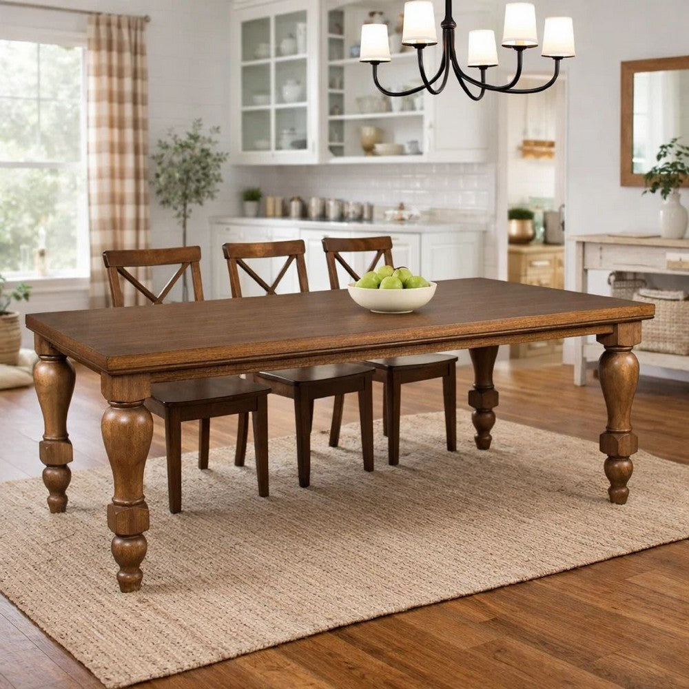 Gela Dining Table | 86" Rectangular Top | Medium Brown Wood Turned Legs