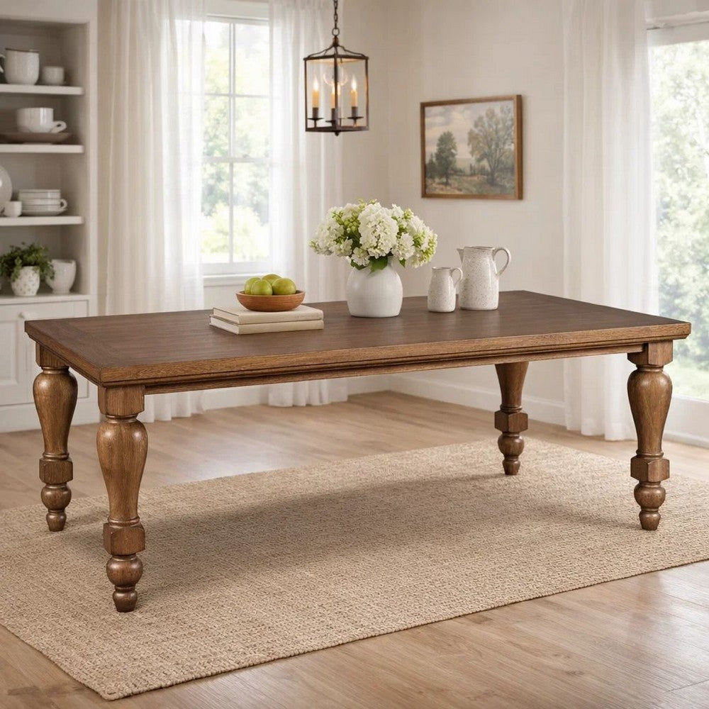 Gela Dining Table | 86" Rectangular Top | Medium Brown Wood Turned Legs