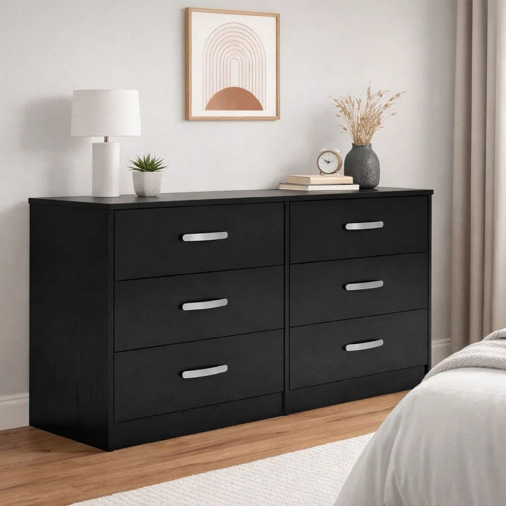Finny Wide Dresser | 6 Drawers Nickel Handles | Plinth Base | Matte Black