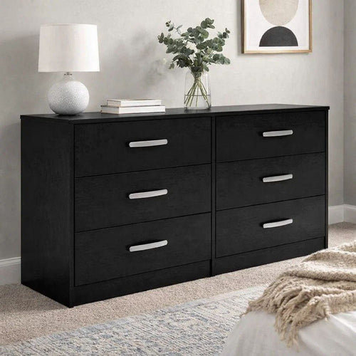 Finny Wide Dresser | 6 Drawers Nickel Handles | Plinth Base | Matte Black