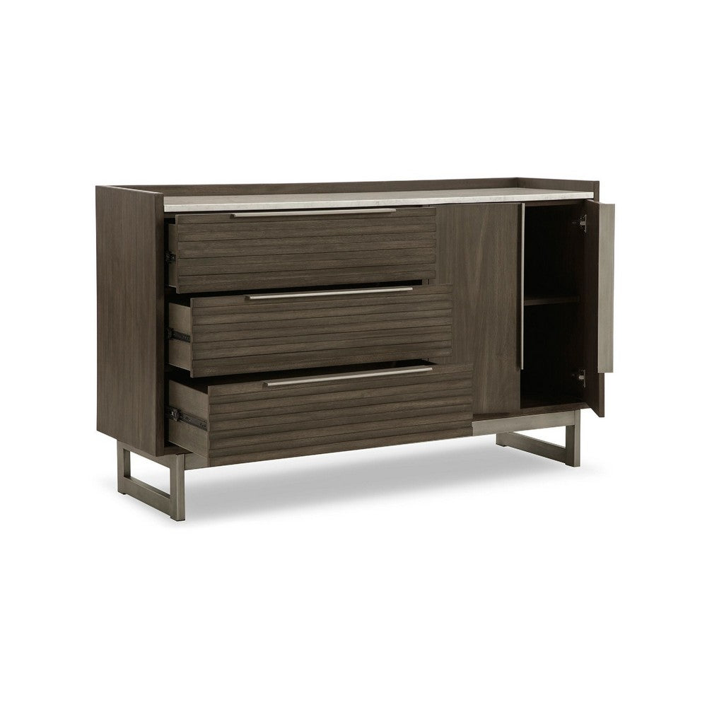 Arka Wide Dresser | Marble Top | 3 Drawers Cabinet w Shelf | Grayish Brown