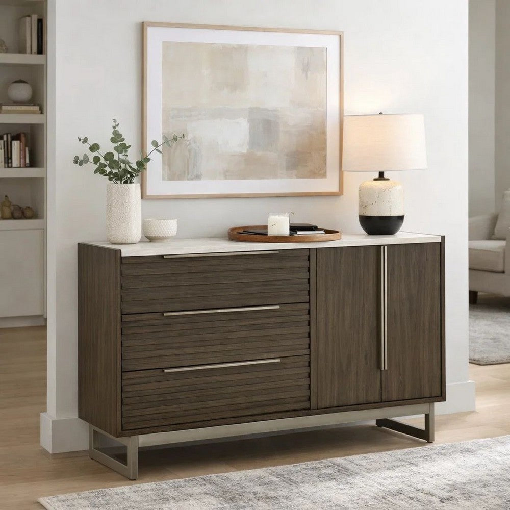 Arka Wide Dresser | Marble Top | 3 Drawers Cabinet w Shelf | Grayish Brown