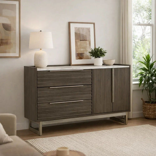 Arka Wide Dresser | Marble Top | 3 Drawers Cabinet w Shelf | Grayish Brown