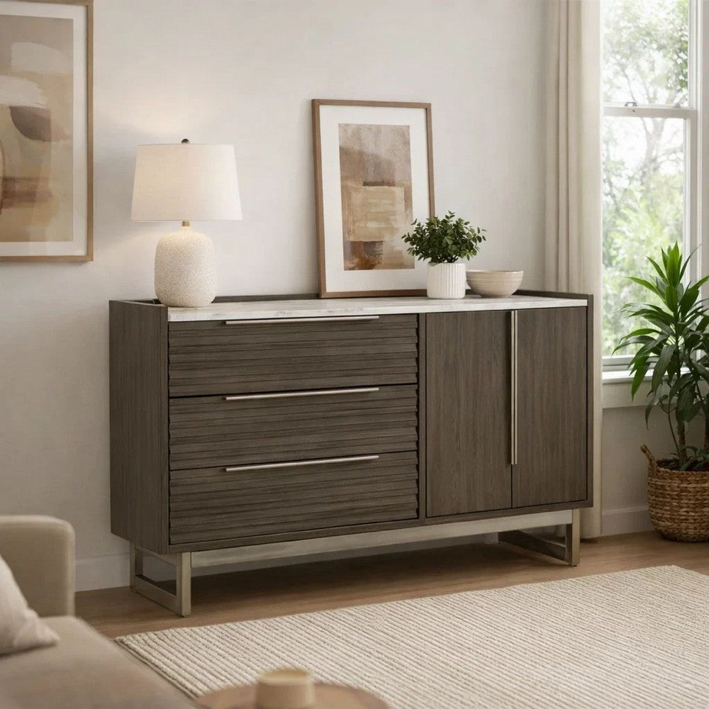 Arka Wide Dresser | Marble Top | 3 Drawers Cabinet w Shelf | Grayish Brown